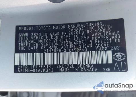 2015 Toyota Corolla Le from USA, damaged, VIN 2T1BURHE3FC452640